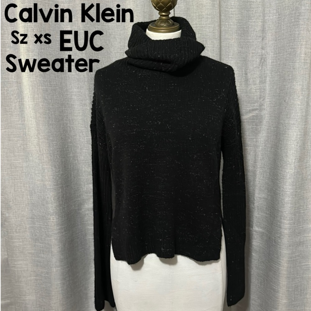EUC Calvin Klein Sweater-Sz XS-Turtle Neck-Semi Cropped-Salt & Pepper-Wool Blend